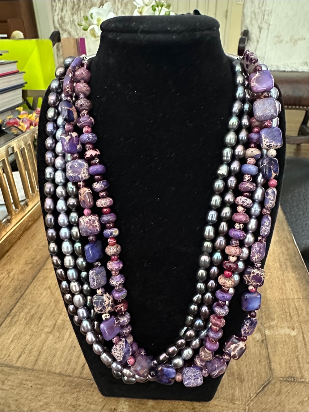 Multi-Strand Purple Stone & Silver Pearl Statement Necklace